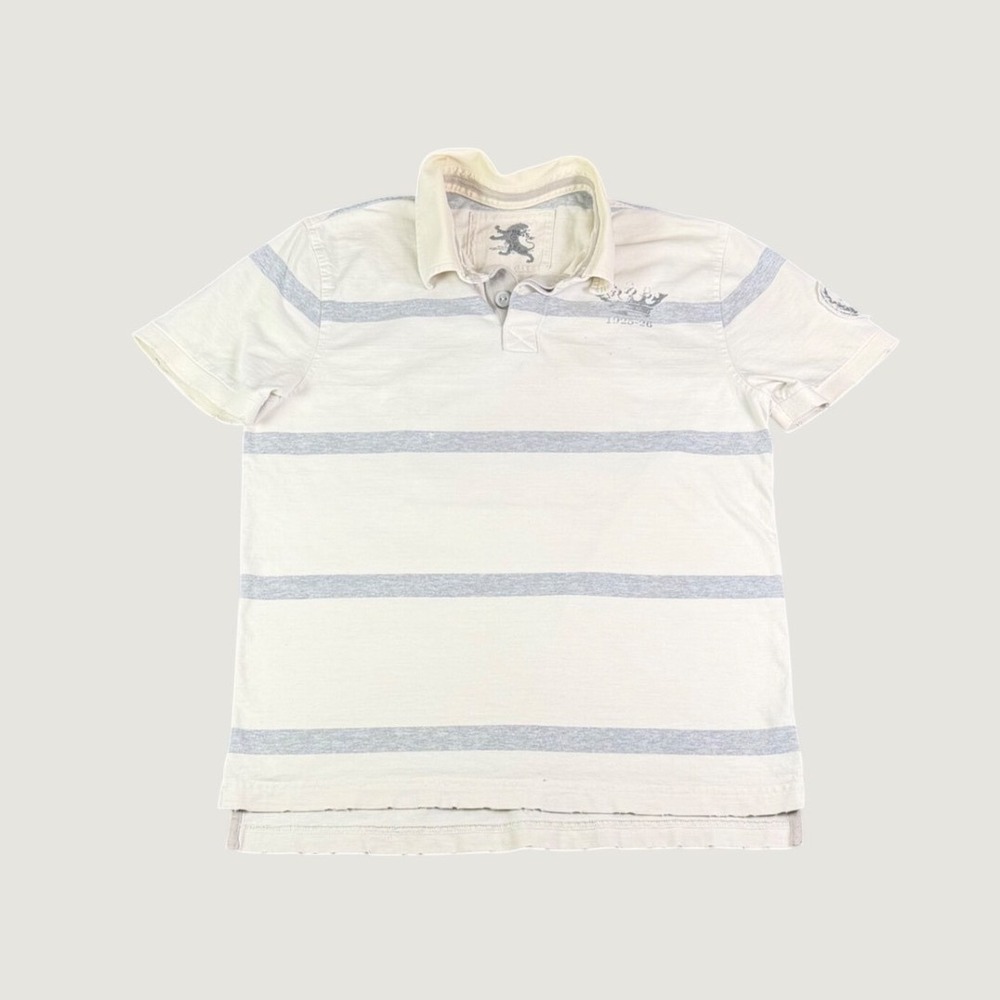 Express Mens Polo Shirt Med Cream Grey Striped Rugby Finch Graphic Distressed